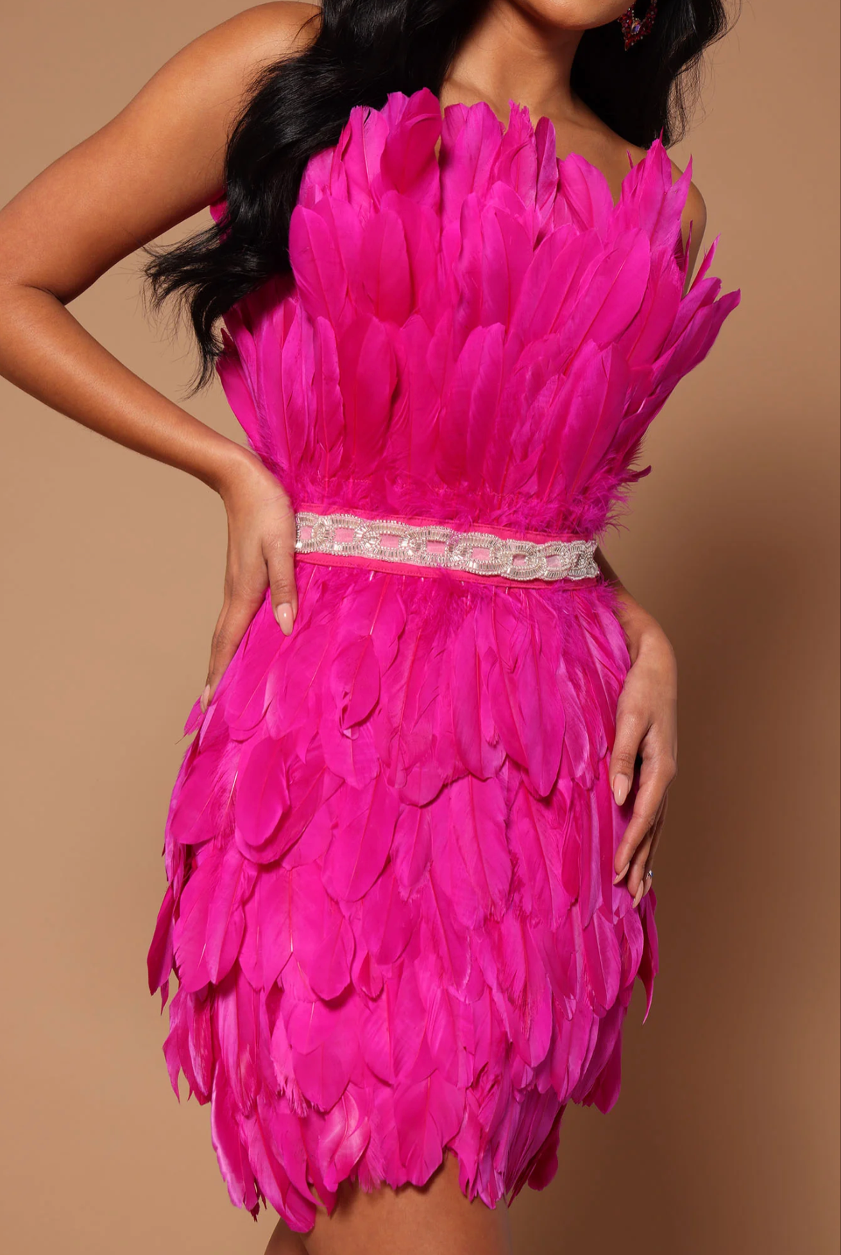 Magenta Flair Feather Mini Dress