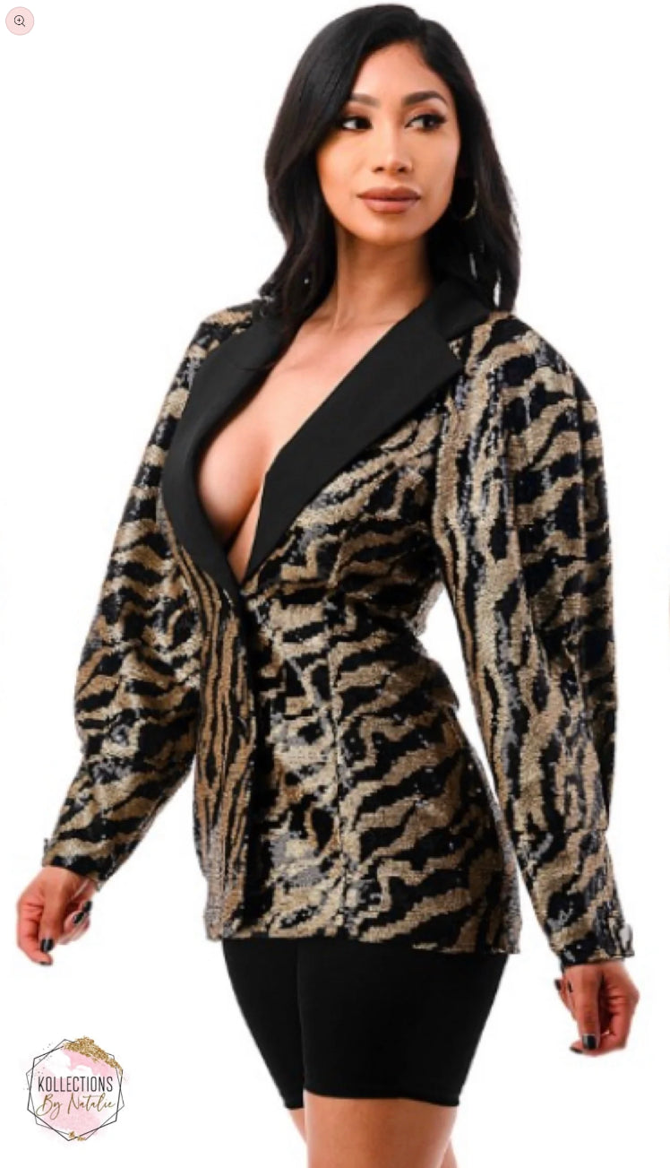 Glamorous Zebra Sequin Puff Sleeve Blazer